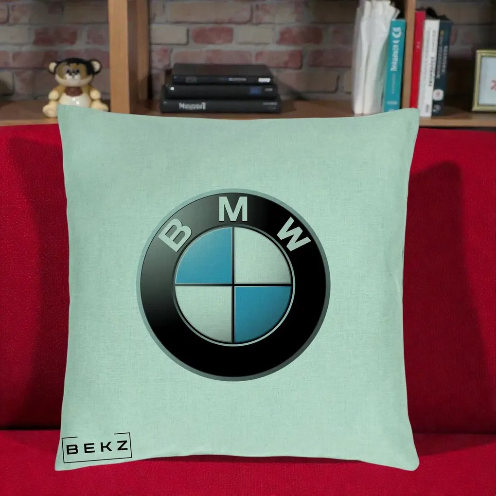 Perna Personalizata cu emblema BMW, 40x40 cm, Verde Menta, Husa Detasabila, Perna Inclusa, BEKZ®