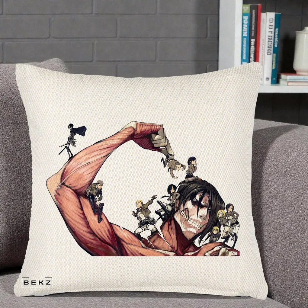 Perna Personalizata Attack on Titan Eren Titan Grup, 40x40 cm, Crem Reliefat, Husa Detasabila, Perna Inclusa, BEKZ®