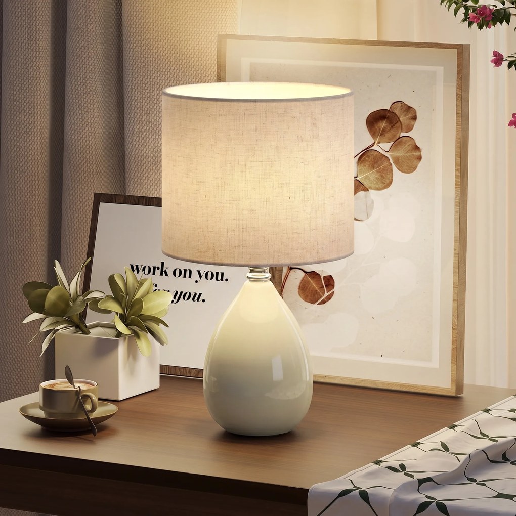 HOMCOM Lampă de masă din ceramică, cu abajur textil aspect in, E27, întrerupător basculant, pentru dormitor, crem | Aosom Romania
