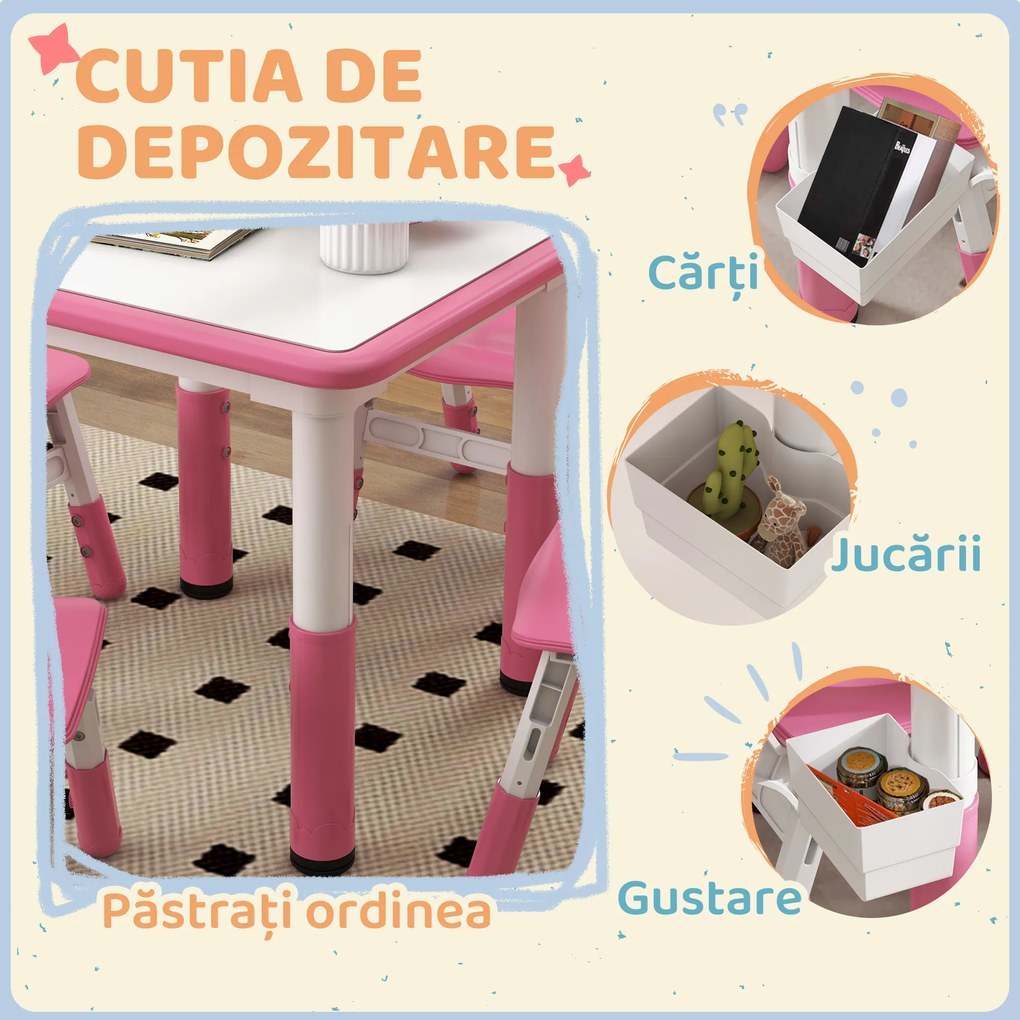 AIYAPLAY Set Masă și Scaune pentru Copii 18-60 Luni cu Înălțime Reglabilă și Tablă de Scris, 60x60x46-58 cm, Roz | Aosom Romania