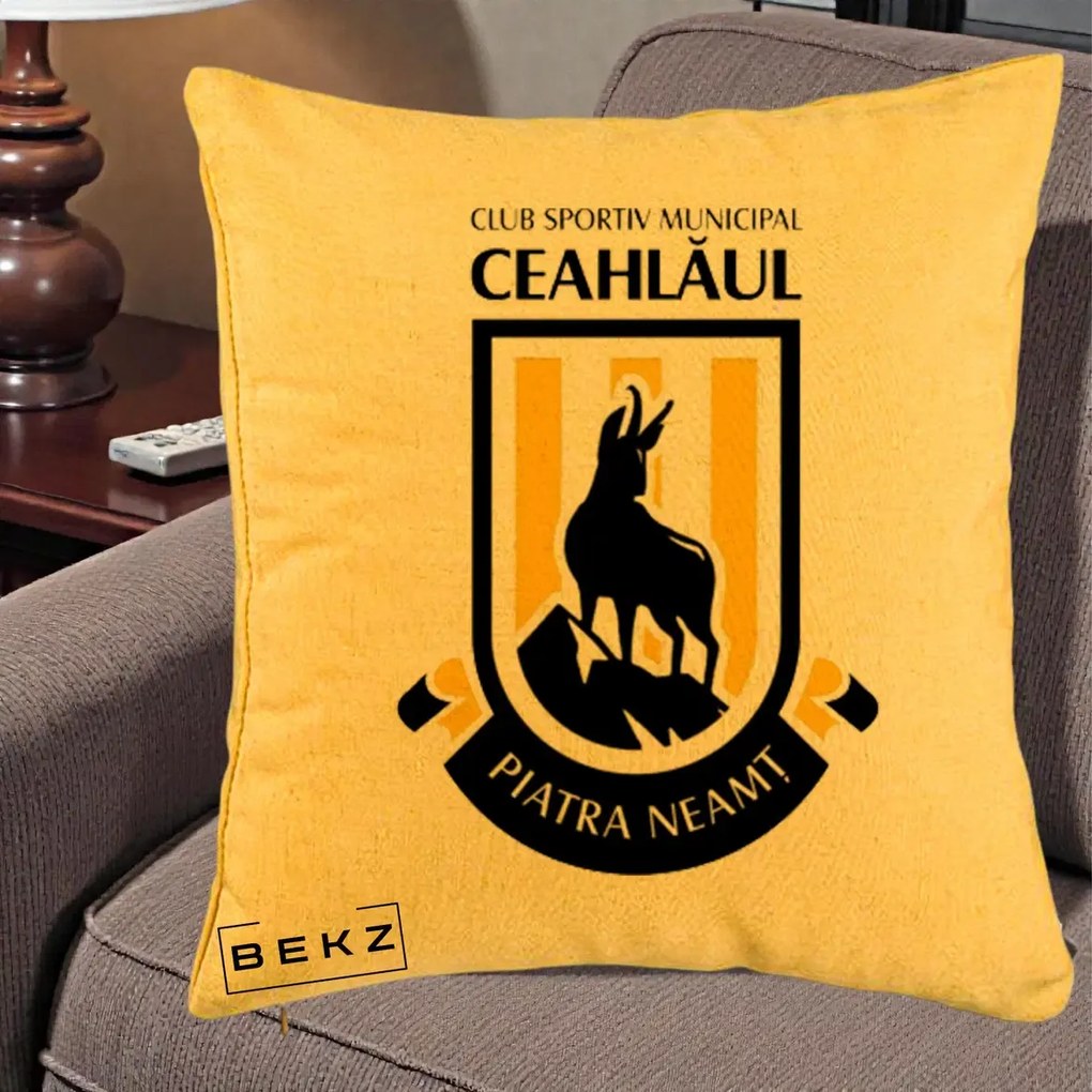 Perna Personalizata CSM Ceahlaul Piatra Neamt Fotbal, 40x40 cm, Galben, Husa Detasabila, Perna Inclusa, BEKZ®