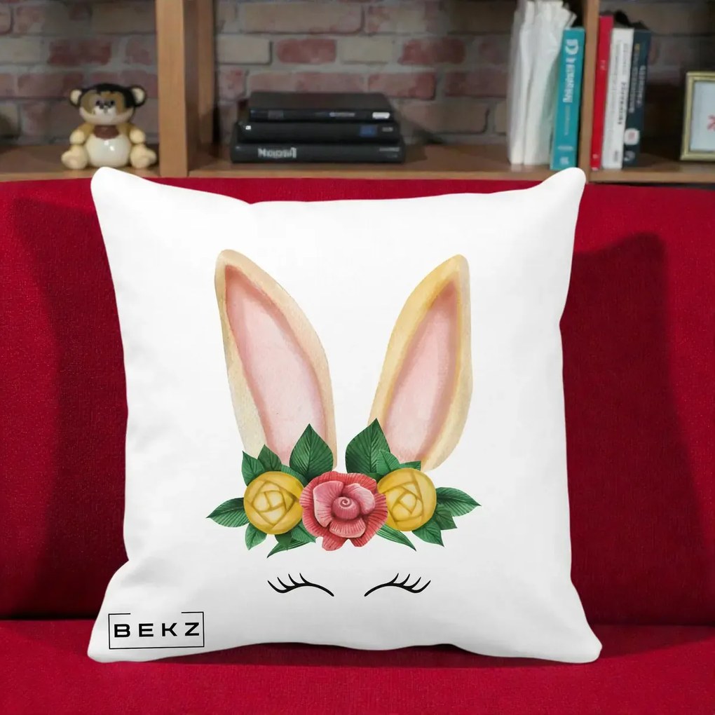 Perna Decorativa Iepuras Flori Urechi Pastelui, 40x40 cm, Alba Mata, Husa Detasabila, Perna Inclusa, BEKZ®