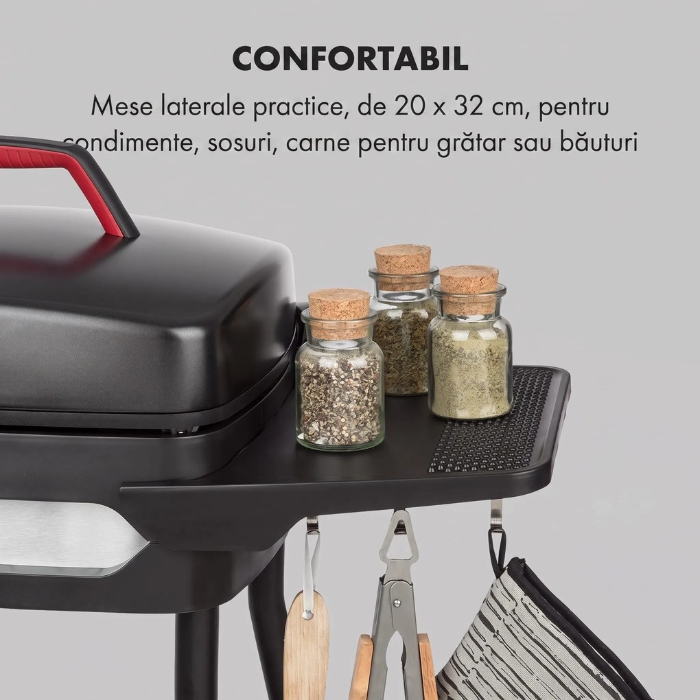 Klarstein Gatsby, grill electric, 2000 W, grilaj antiaderent, măsuțe laterale, negru