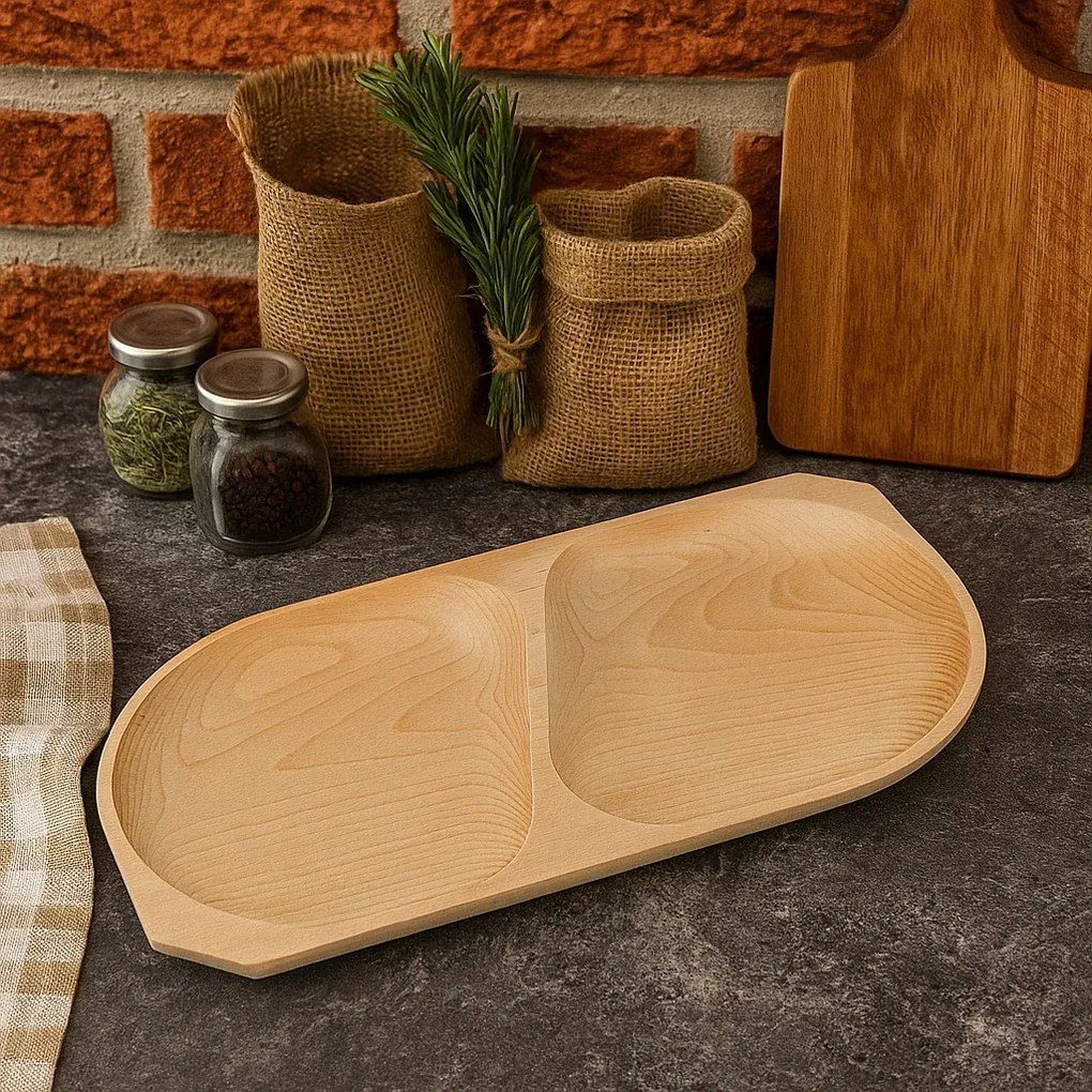 Tava Servire Aperitive din Lemn de Fag cu 2 Compartimente, 43x23 cm