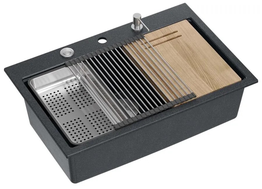 Statie de lucru incastrata Quadron Unique Marc 110 negru diamant - inox 1 cuva 75x49 cm