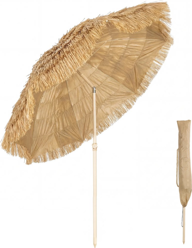 Outsunny Umbrelă de plajă Ø 1,85 m, umbrelă mare înclinabilă, stil hawaian, înălțime stâlp reglabilă, sac de transport, kaki | Aosom Romania
