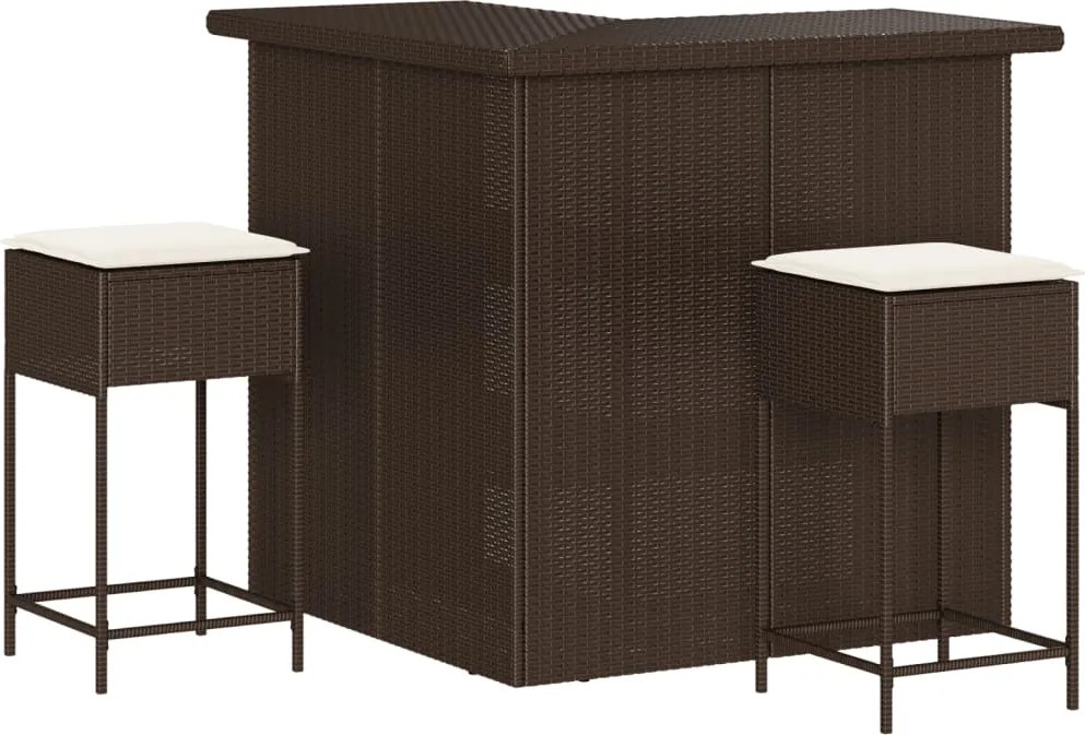 vidaXL Set bar de grădină, 3 piese, cu perne, maro, poliratan
