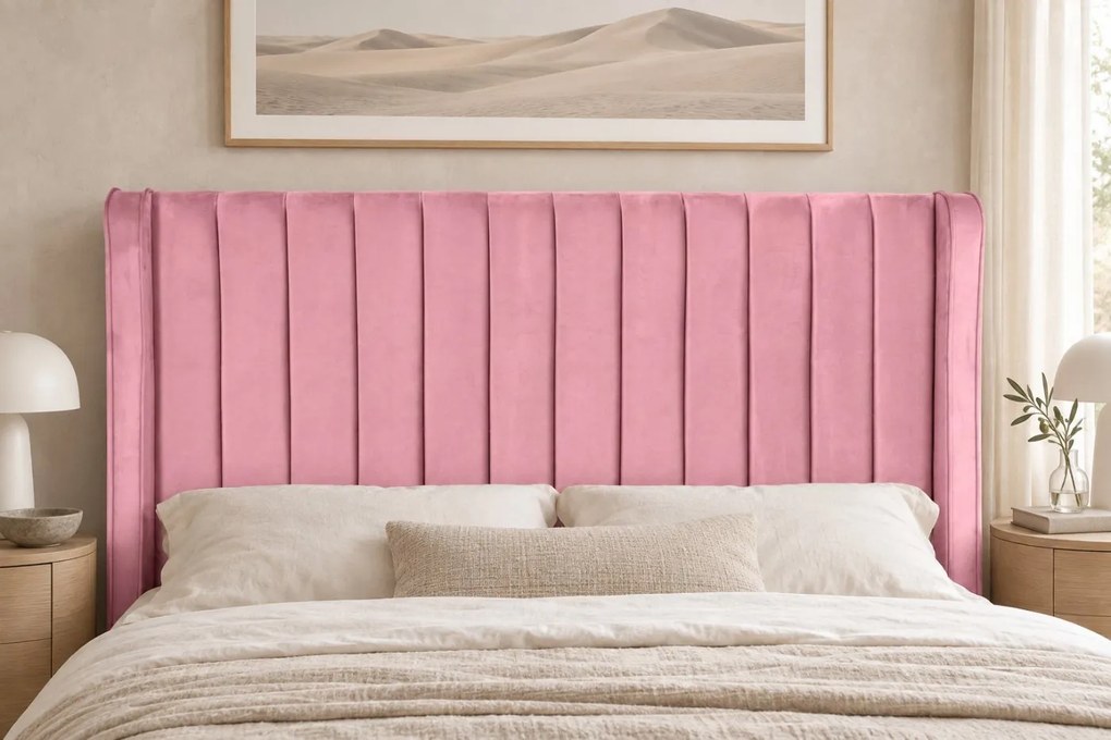 Pat tapițat din catifea Aurelia Simple 120×200 cm, roz, cu ladă de depozitare
