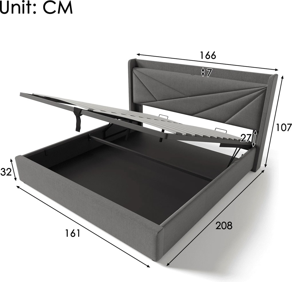 Pat dublu cu ladă de depozitare, funcție de încărcare USB Tip C, din bumbac și in, fără saltea, 160x200 cm, Gri