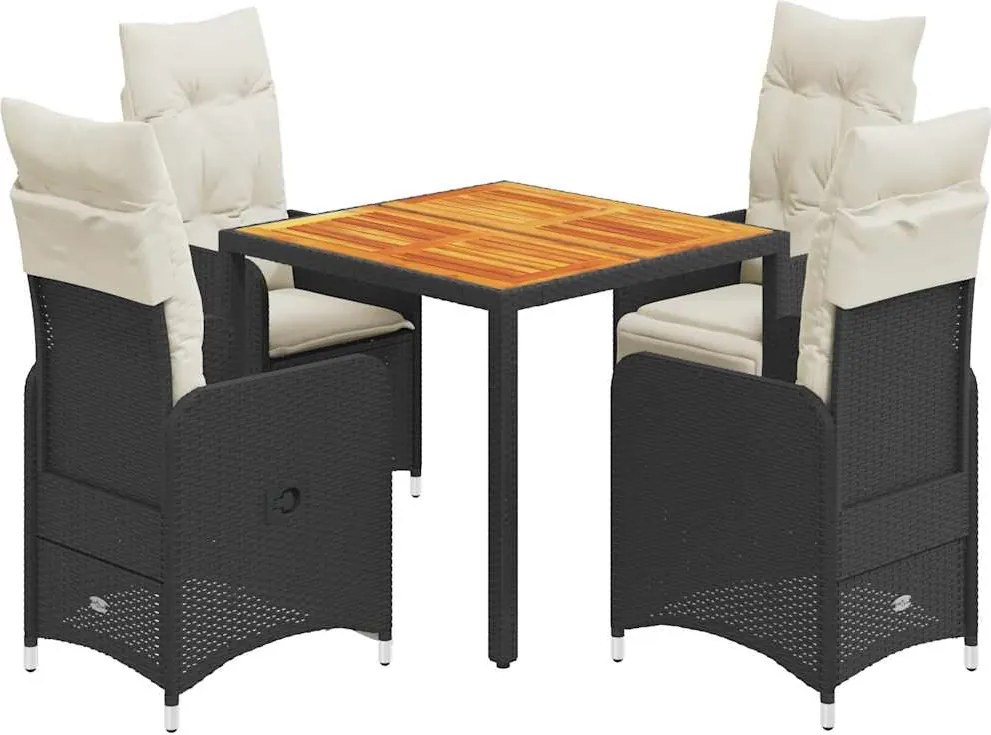 vidaXL Set bistro de grădină cu perne, 5 piese, negru, poliratan