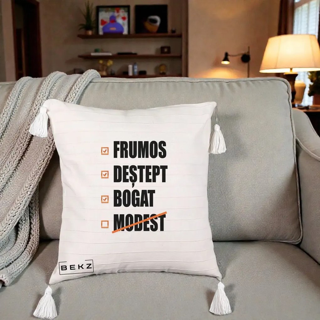 Perna Decorativa Frumos Destept Bogat, 40x40 cm, Bej cu Franjuri, Husa Detasabila, Perna Inclusa, BEKZ®