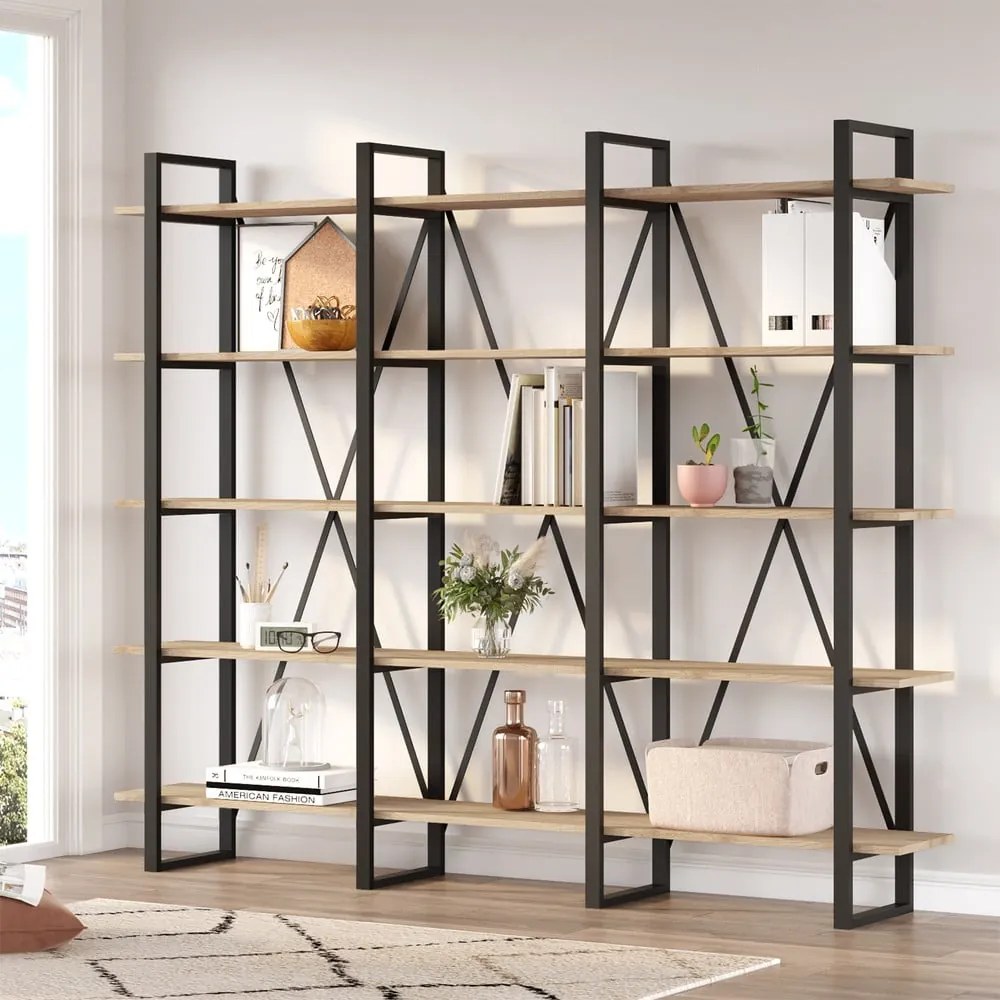 Bibliotecă negru/natural cu aspect de lemn de stejar 218x180 cm Aviva – Marckeric