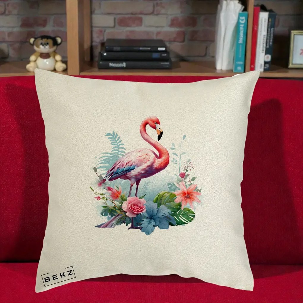 Perna Decorativa Flamingo cu Flori Tropicale Acuarela, 40x40 cm, Ecru, Husa Detasabila, Perna Inclusa, BEKZ®