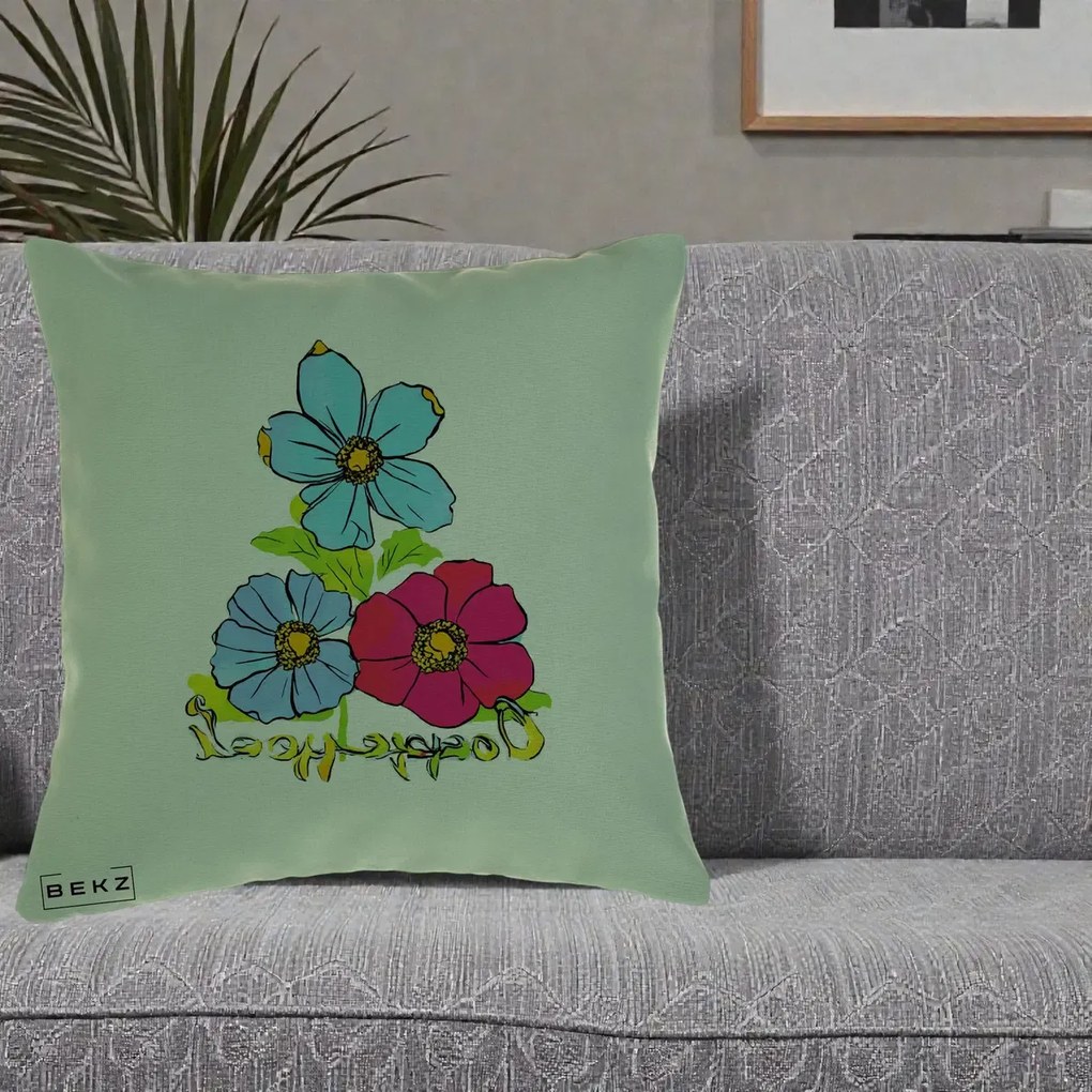 Perna Decorativa Trei Flori Grafice Pop Art, 40x40 cm, Verde, Husa Detasabila, Perna Inclusa, BEKZ®