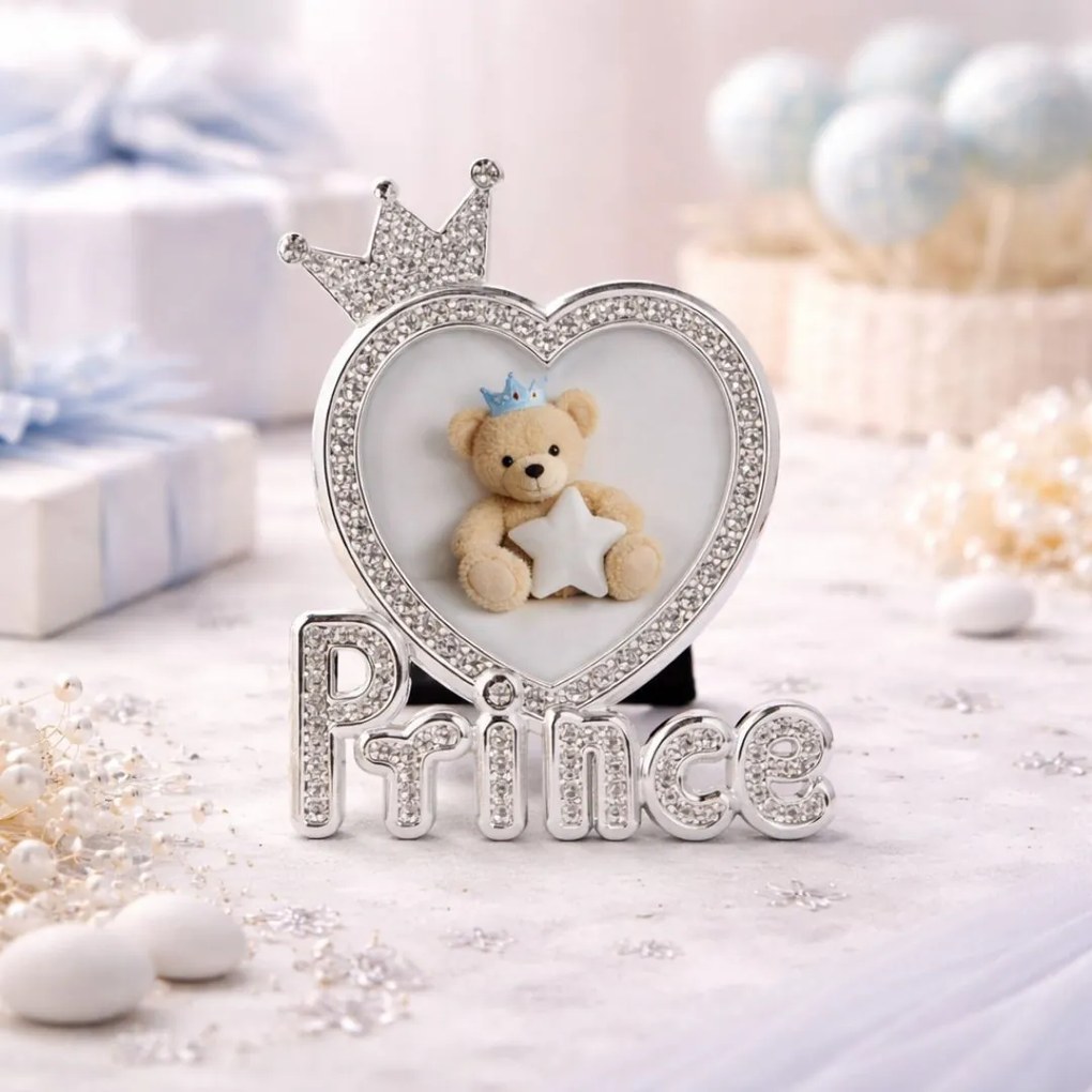Ramă Foto Prince AZAY cu Coroană și Cristale, 5x5 cm, Ramă Foto Bebeluși, Cadou Botez / Nou-Născut, Cutie Cadou Inclusă