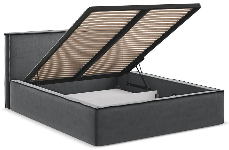 Pat matrimonial gri închis tapițat cu spațiu de depozitare cu somieră 160x200 cm Anani – Makamii