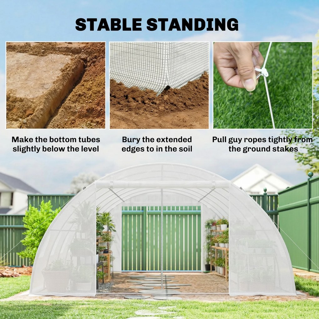Outsunny Seră tunel cu 2 bare de susținere, 2 uși rulante și ferestre cu plasă, învelitoare din PE anti-UV, alb | Aosom Romania