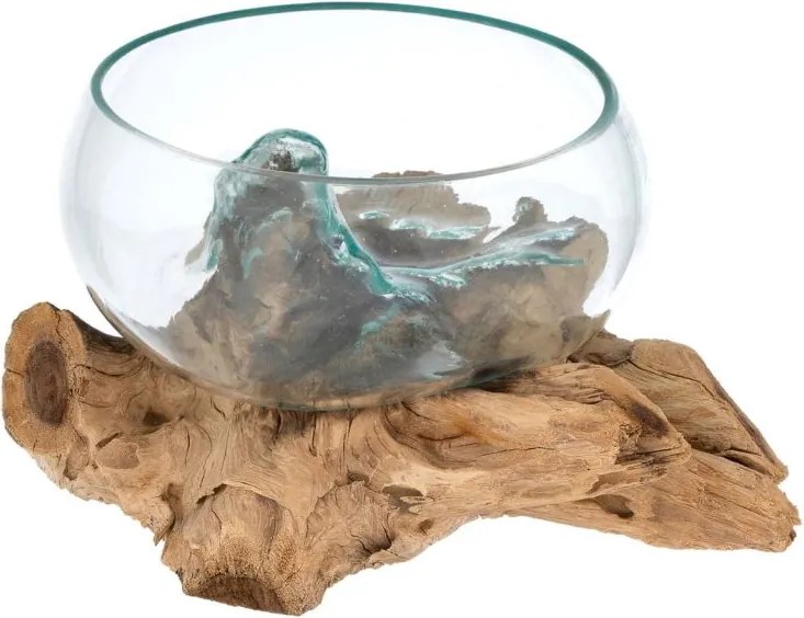 Bol din sticlă suflată pe lemn de tec, 20 cm