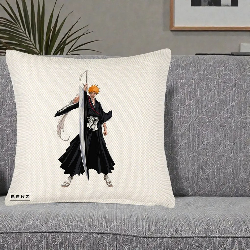 Perna Personalizata Bleach Ichigo Kurosaki Zangetsu, 40x40 cm, Crem Reliefat, Husa Detasabila, Perna Inclusa, BEKZ®