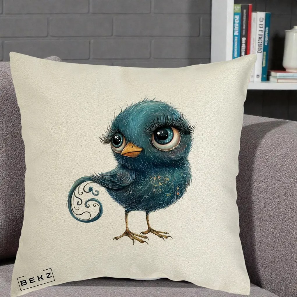 Perna Decorativa Pasare Teal cu Motive Aurii si Coada Spiralata, 40x40 cm, Ecru, Husa Detasabila, Perna Inclusa, BEKZ®