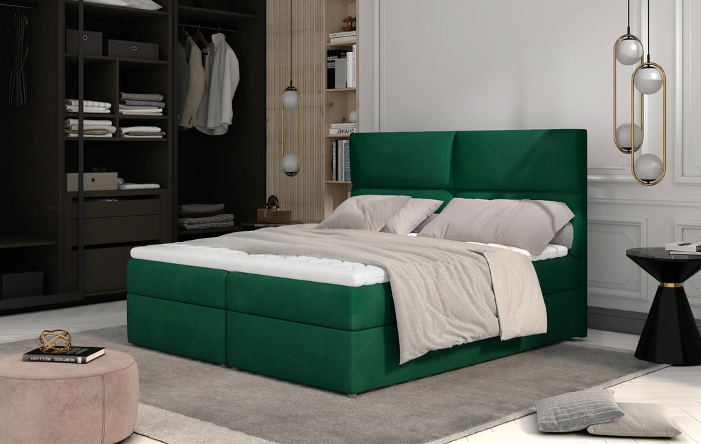 Pat matrimonial Boxspring 165 cm Alyce (verde) (cu saltele). 1027451