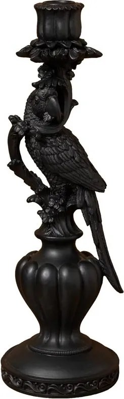 Sfeșnic din rășină cu papagal pe piedestal sculptat, negru antichizat-auriu, finisaj patinat, 33,5×11 cm, „Perroquet"