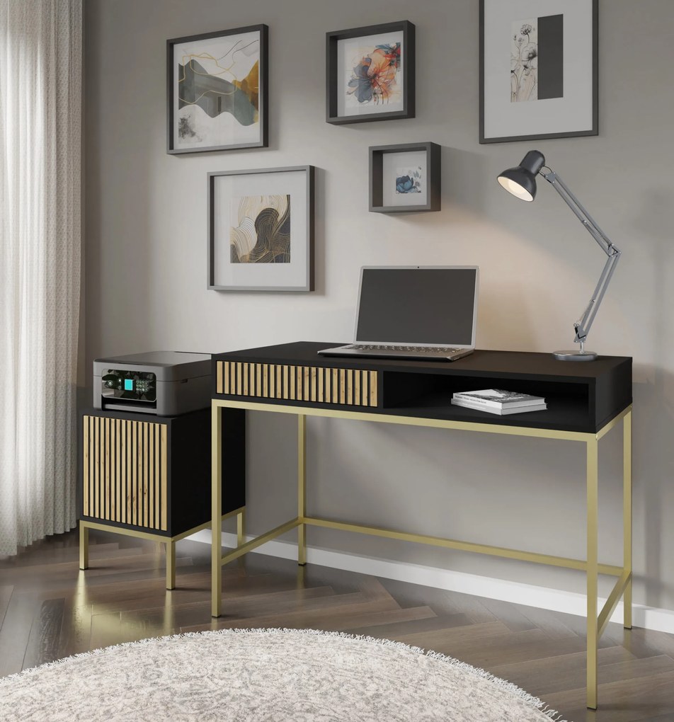 Măsuță consolă F Rowanna (Negru + Stejar artisan + Auriu). 1125087