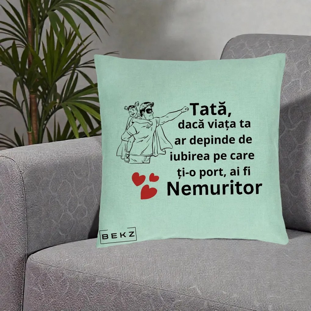 Cadou pentru Tata - Perna Personalizata Tata Nemuritor Supererou cu Masca, 40x40 cm, Verde Menta, Husa Detasabila, Perna Inclusa, BEKZ®