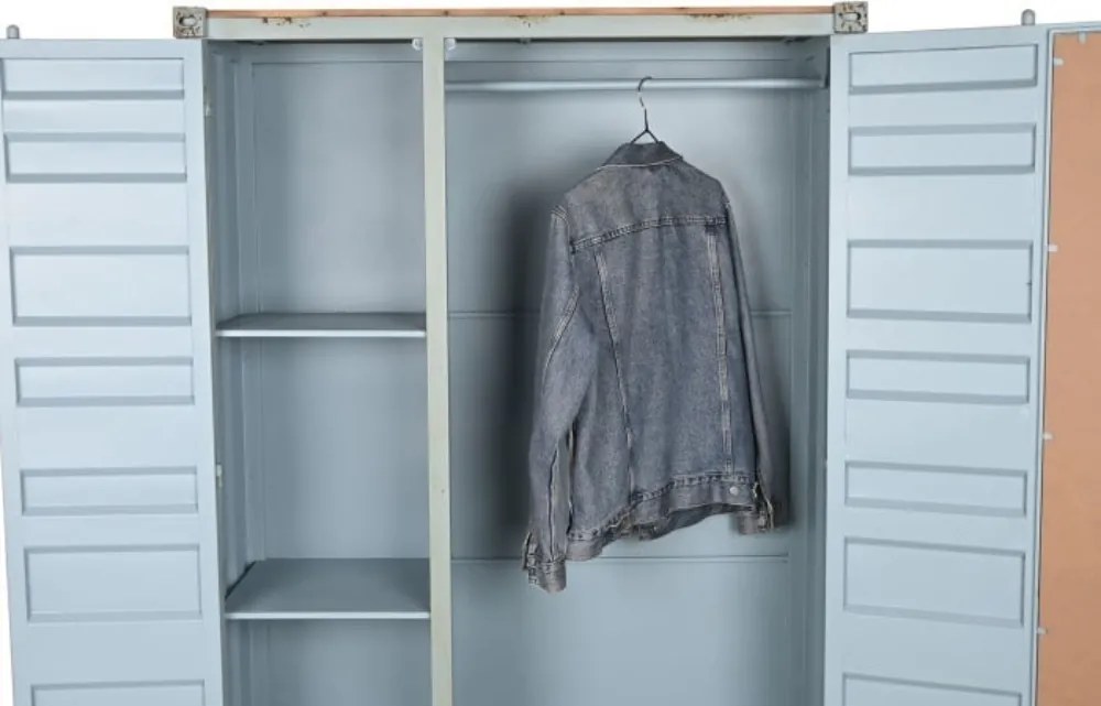 Dulap înalt industrial din metal, turcoaz, cu 2 uși din tablă ondulată, oglindă, 3 sertare, 4 rafturi și bară pentru haine, 174 x 112 x 46 cm, „Cargo”
