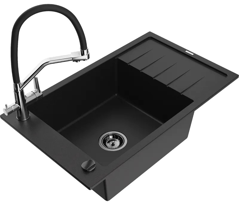 Mexen Elias chiuvetă de granit cu o cuvă și scurgător și baterie de bucătărie Duo, negru - 6511-77-671701-07-B