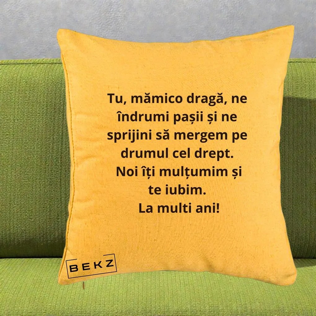 Cadou pentru Mama - Perna Personalizata Mamico Draga Te Iubim La Multi Ani cu Text Negru, 40x40 cm, Galben, Husa Detasabila, Perna Inclusa, BEKZ®