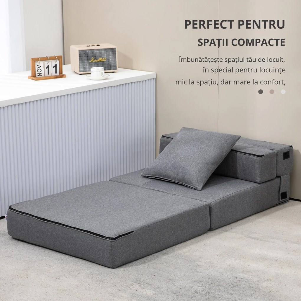 HOMCOM Fotoliu Pliabil Convertibil în Pat Single cu Pernă Inclusă, 70x70x61 cm, Gri | Aosom Romania