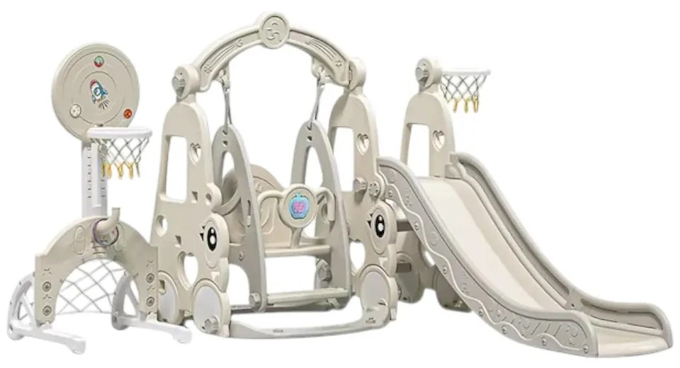 Tobogan 6 in 1 Pentru Copii NOVOKIDS™ Wonder Plus Moon Slide, Cu Leagan si poarta fotbal, Pentru Interior si Exterior, 187 centimetri panta