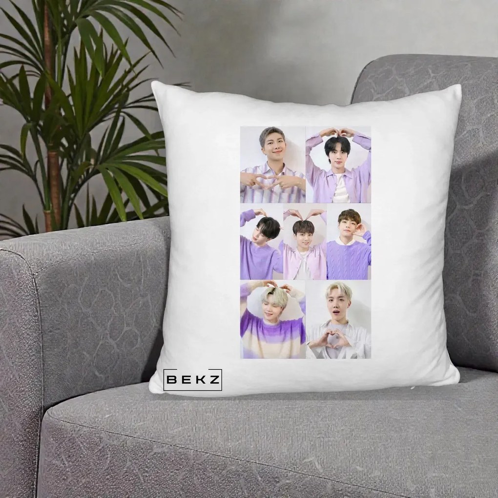 Perna Personalizata K-pop BTS Colaj 7 Portrete cu Inimi Lila, 40x40 cm, Alb Pufos, Husa Detasabila, Perna Inclusa, BEKZ®