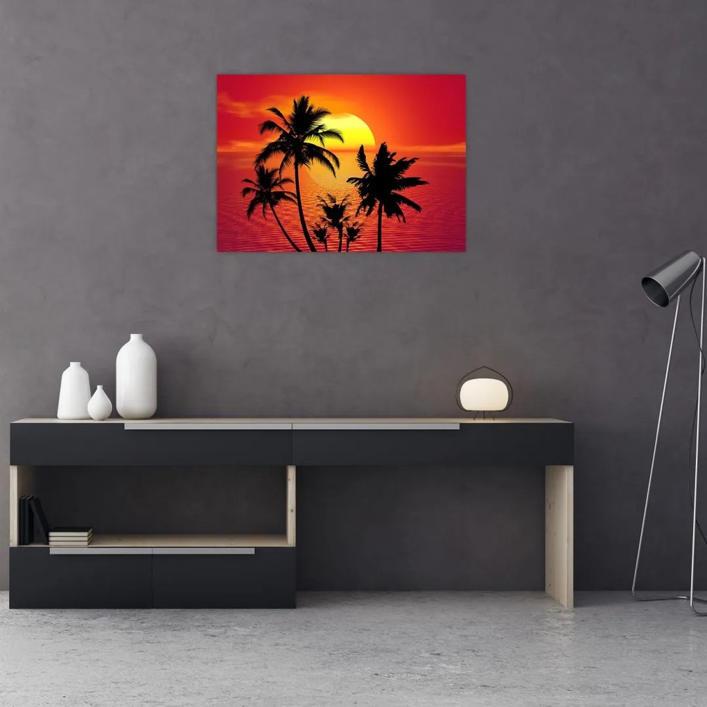 Tablou pe sticlă - Silueta insulei cu palmieri (70x50 cm)
