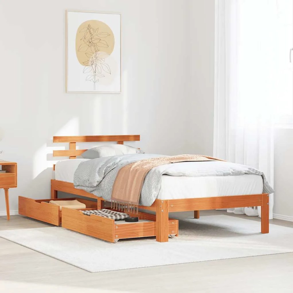 vidaXL Cadru de pat cu sertare, maro ceruit, 75x190 cm, lemn masiv pin