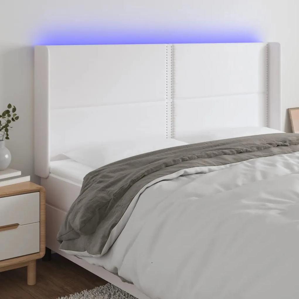 3124011 vidaXL Tăblie de pat cu LED, alb, 183x16x118/128 cm, piele ecologică