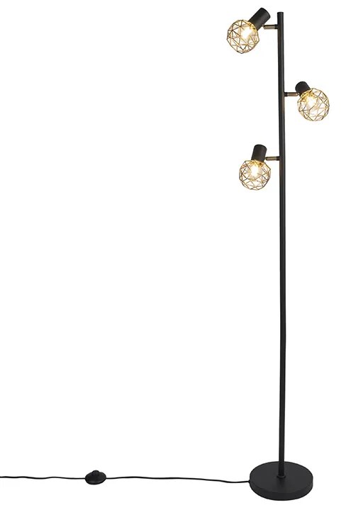 Lampa de podea de design neagră cu auriu cu 3 lumini reglabile - Mesh
