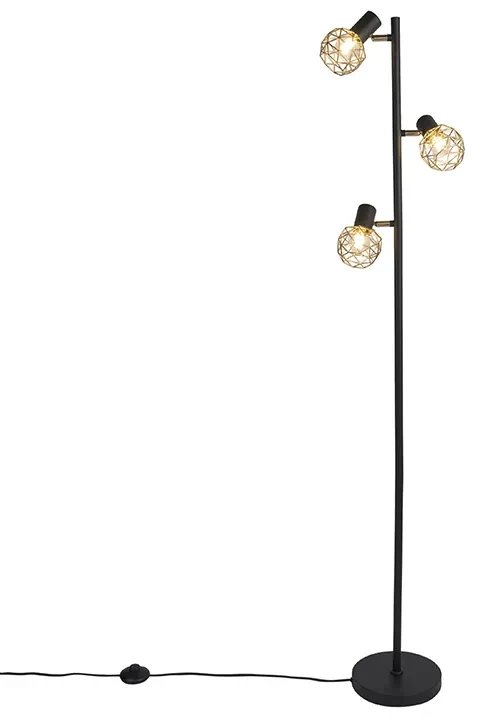 Lampa de podea de design neagră cu auriu cu 3 lumini reglabile - Mesh
