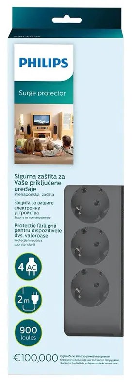 Prelungitor cu protectie la supratensiune Philips, 4 prize 2 metri, 900 J, negru