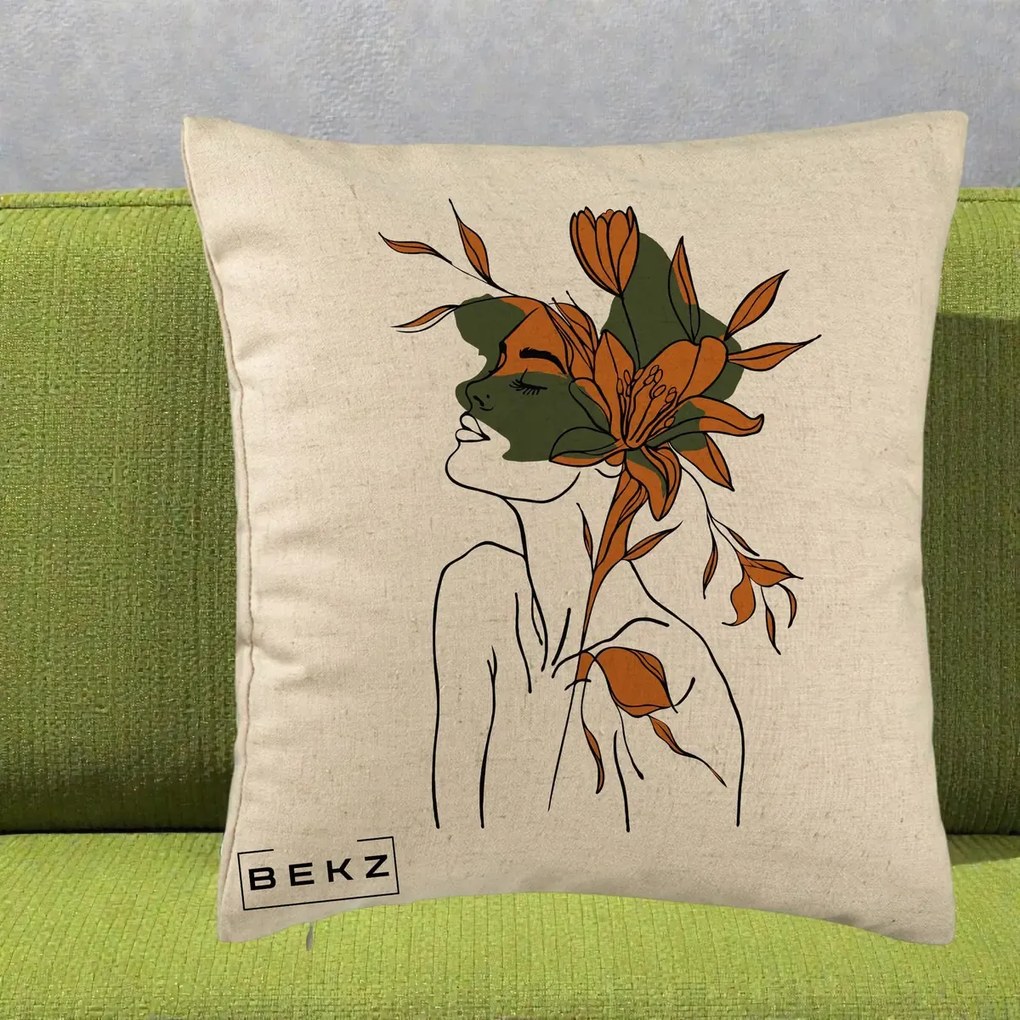 Perna Decorativa Portret Feminin Crin Auriu, 40x40 cm, Bej, Husa Detasabila, Perna Inclusa, BEKZ®