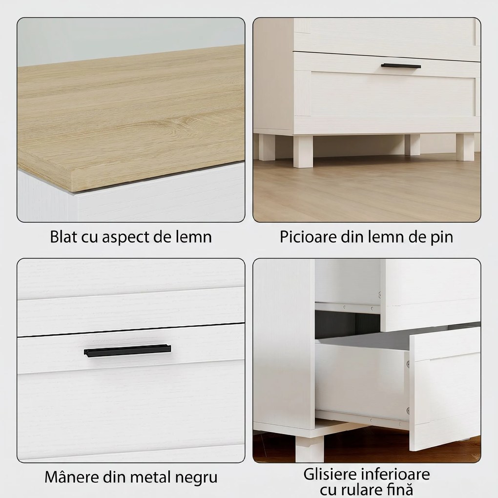 HOMCOM Comodă Modernă cu 3 Sertare 60x38x71 cm Albă și Culoare Lemn | Aosom Romania