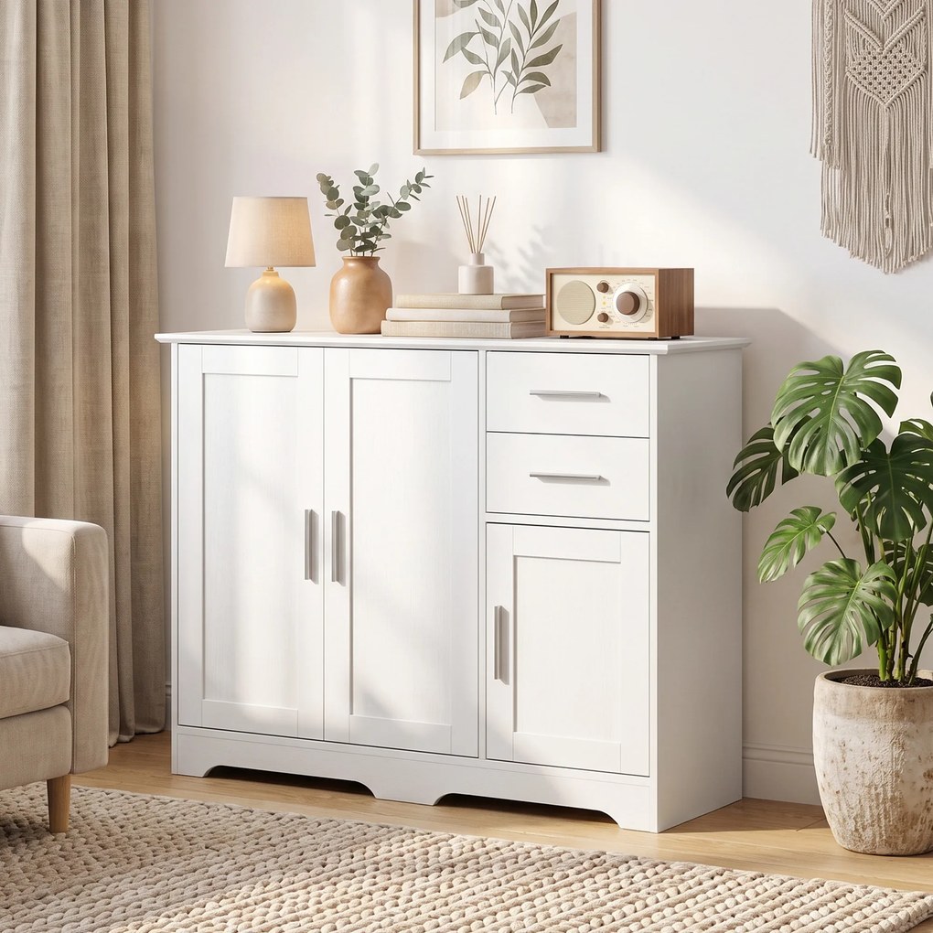 HOMCOM Bufet Modern din Lemn cu 2 Sertare și 2 Dulapuri, 100x40x78 cm, Alb | Aosom Romania