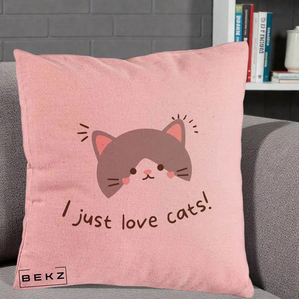 Perna Personalizata I Just Love Cats Pisica Kawaii, 40x40 cm, Roz, Husa Detasabila, Perna Inclusa, BEKZ®