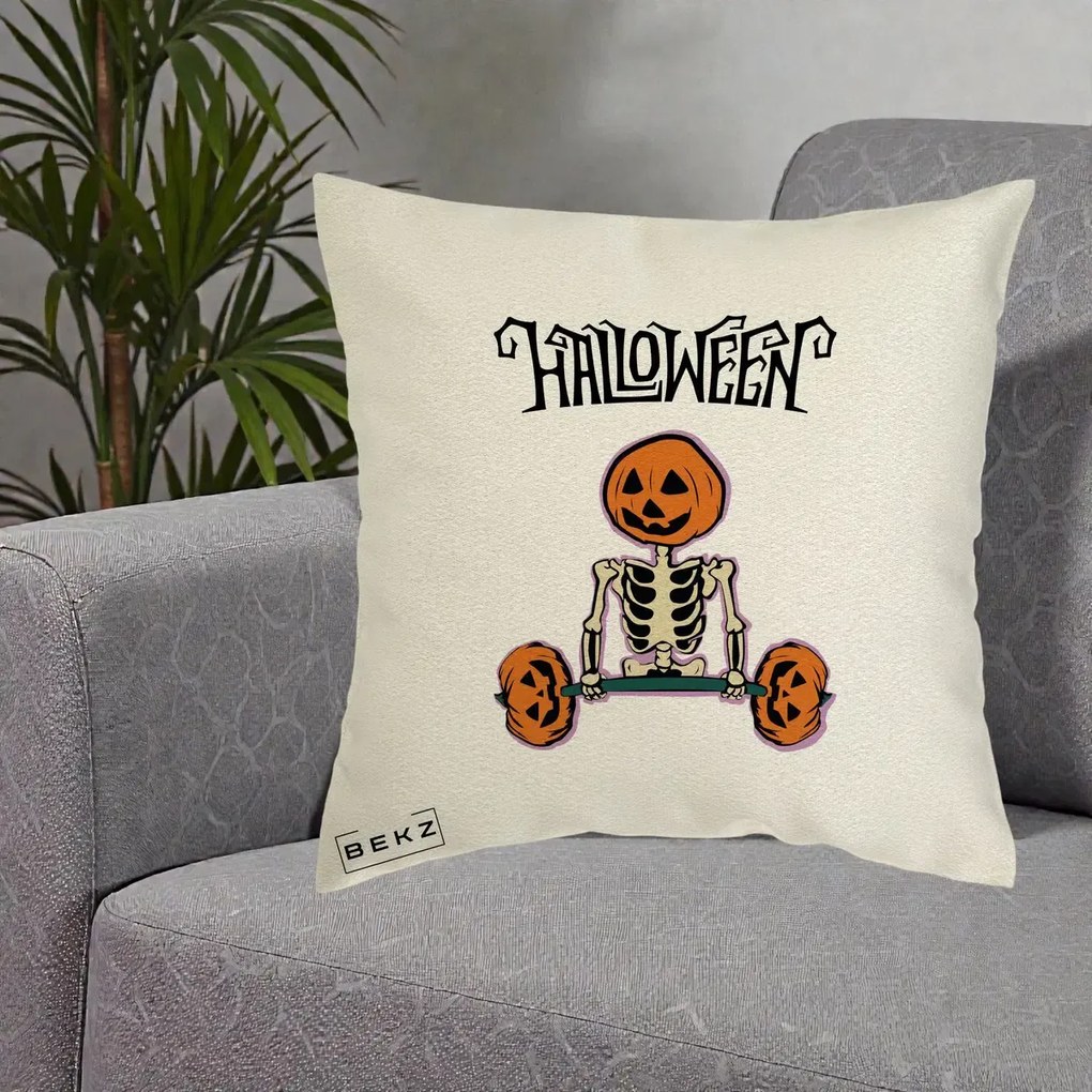 Perna Decorativa Halloween Schelet cu Cap de Dovleac Powerlifting, 40x40 cm, Ecru, Husa Detasabila, Perna Inclusa, BEKZ®
