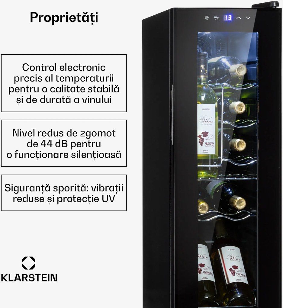 Klarstein Shiraz 12 Slim, vinotecă, 32 l, 12 sticle, 85 W, 5-18°C, panou de control tactil