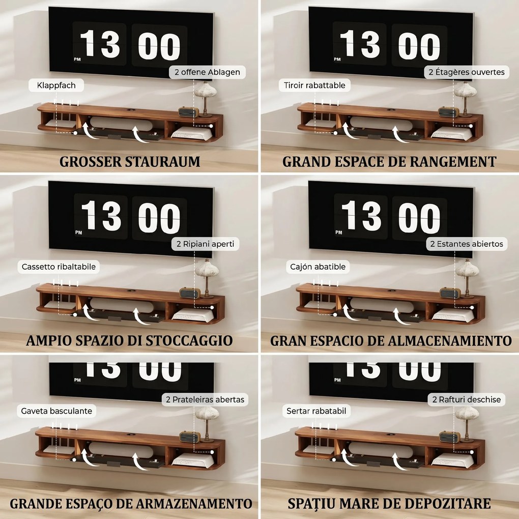 HOMCOM Mobilier TV Suspendat, Suport TV Până la 50" cu Sertar Rabatabil, 2 Rafturi Deschise și Orificiu pentru Cabluri, Mobilier pentru Televizor pentru Sufragerie, Dormitor și Sală de Stat, 120x24x16 cm, Nuc | Aosom Romania