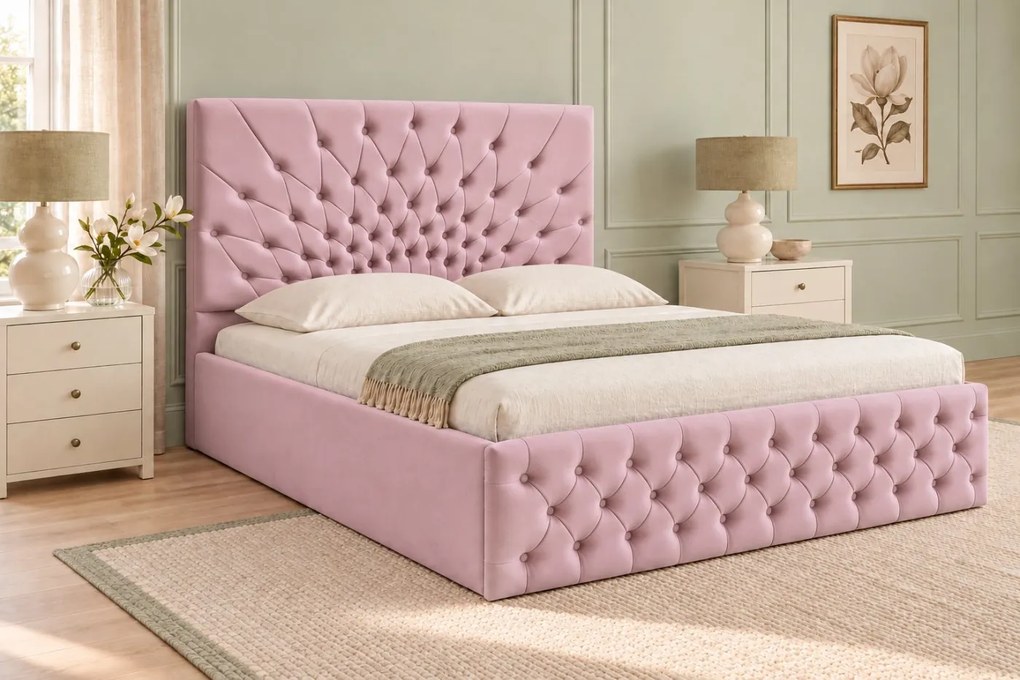 Pat tapițat Chesterfield din catifea Venezia 140×200 cm, roz, cu ladă de depozitare