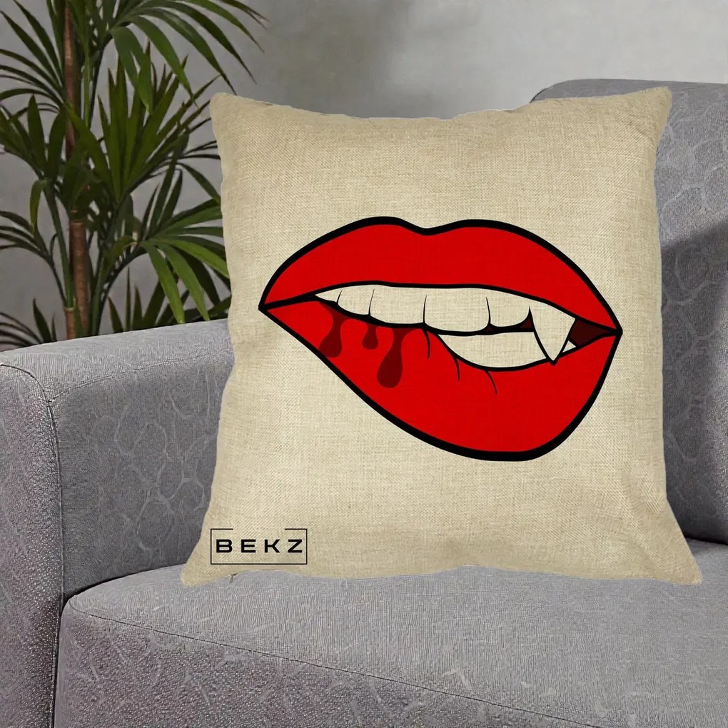 Perna Decorativa Vampire Lips Halloween, 40x40 cm, Crem, Husa Detasabila, Perna Inclusa, BEKZ®