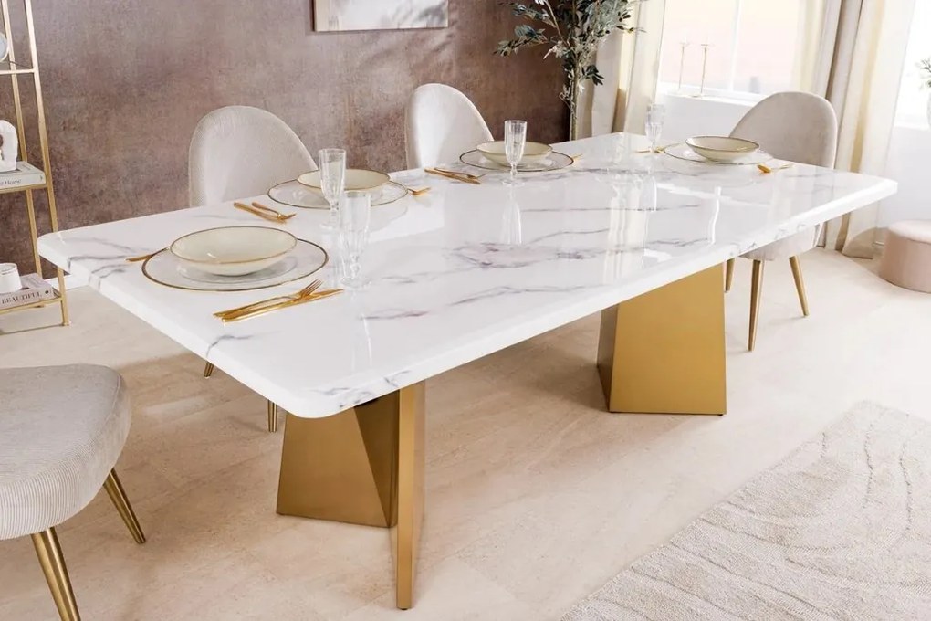 Masa design modern, Metal, Auriu, Marmura, Alb, EXTRAVAGANCIA 200cm, A-45929 VC